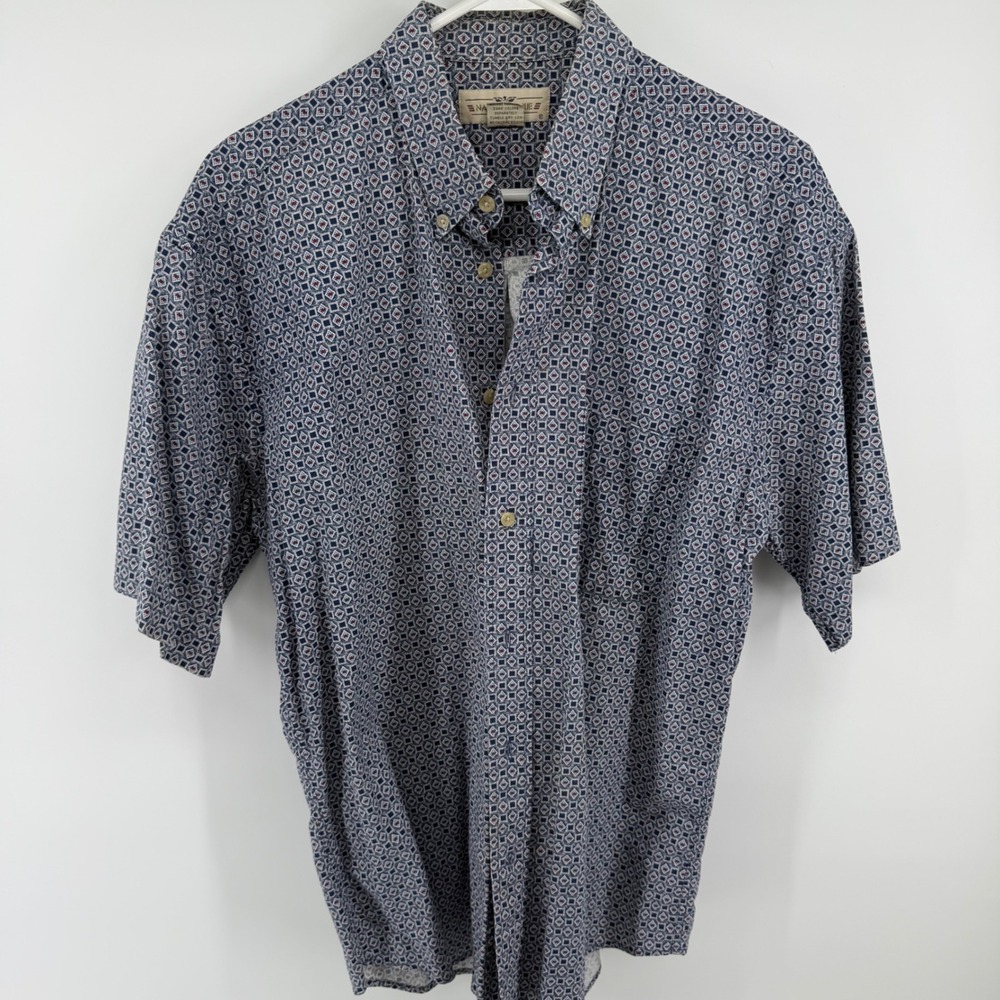Natural Issue Mens Large Short Sleeve Button Down Shirt Geometric Diamond Navy
